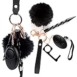 Self Defense Keychain for Women, Girls - Portable Protection Key Chain Tools - Women Safety Keychain with Alarm, Window Breaker, No Touch Door Opener, Wristlet, Pompom - Personal Defense (Black & Rose Gold)