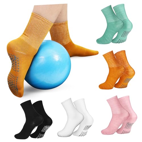 Gogogmee Elastic Non Slip Yoga Socks 5 Pairs Dance High Ankle Comfort Moisture Wicking Unisex Cotton