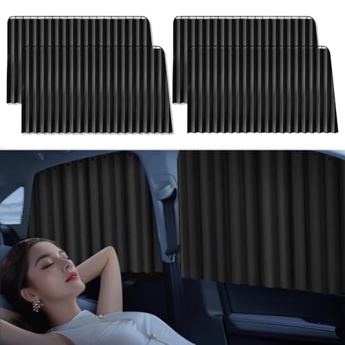 COBIVI 車 カーテン マグネット 車中泊 遮光 日除け サイド プリーツ サンシェード プライバシーカーテン 車 簡単装着 2枚入り 車中泊 目隠し 長さ調節可能 日焼け防止 磁石貼付 折り畳み式 99% UVカット (黒, 4枚セット)