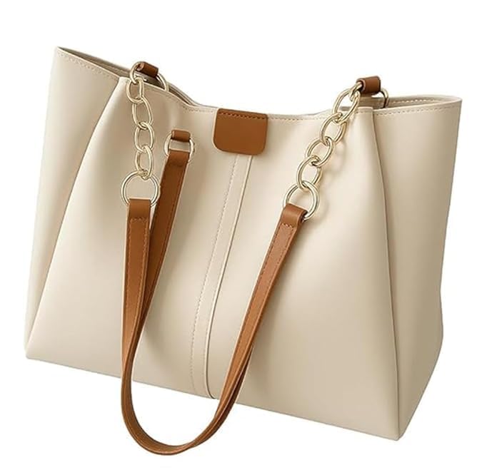 Women’s Beige Tote Shoulder Bag, Stylish Faux Leather Handbag with Chain Strap Detail, Large Capacity Shopper Bag for Office, Travel, Daily Use, Elegant Carryall Purse for Women-picture-32