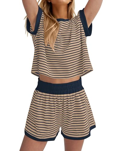 Image of Burtell Women Summer 2 Piece Lounge Sets Striped Short Sleeve Tee Shirts Mini Shorts Loungewear Shorts Set Ribbed Pajama Set