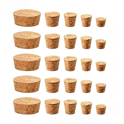 MAGICLULU 25 Pack Assorted Tapered Cork Stoppers, 5 Sizes Natural Wooden Wine Bottle Plugs Replacement for Small Apothecary Jar, Beer Beverage Sealing, DIY Projects