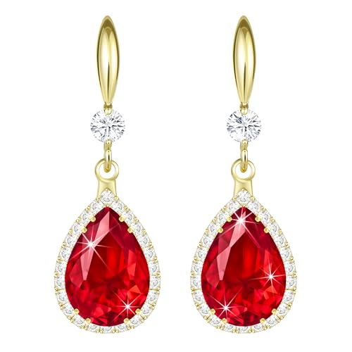 Linawe Red Ruby 14K Gold Dangle Earrings for Women Trendy,