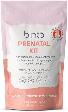 Binto Prenatal Kit – 4-in-1 Supplements for Healthy Mom & Baby – 30 Day Supply – Multivitamin, Probiotics, Iron, DHA, Methylated Folate & Folic Acid – Non-GMO, Gluten-Free, Vegetarian