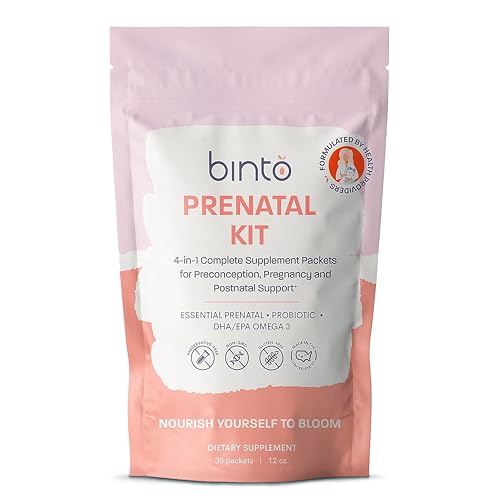 Binto Prenatal Kit - 4-in-1 Supplements for Healthy Mom & Baby - 30 Day Supply - Multivitamin, Probiotics, Iron, DHA, Methylated Folate & Folic Acid - Non-GMO, Gluten-Free, Vegetarian