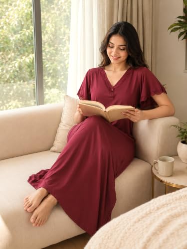 Image of 9shines Label Stylish Soft Modal Maxi Nighty | Honeymoon Nighty | Full Length Trendy Nightgown | V-Neck Lace | Premium Nightdress | Soft Long Nightdress | Maxi Gown Nightwear for Women (Malai Satin)