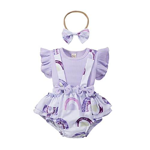 Image of AMMENGBEI Infant Baby Girl Clothes Ruffle Sleeve Ribbed Tops Floral Suspender Shorts Headband Set Toddler Summer Outfit(Purple,3-6 Months)