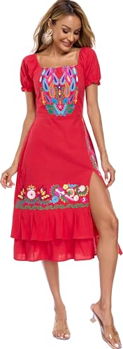 Image of YZXDORWJ Mexican Dress for Women Boho Embroidered Sexy Ruffle Maxi Dress Short Sleeve Summer Beach Wedding Party Dress