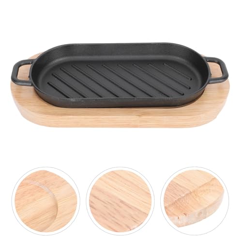 Plato de Hierro Fundido Rectangular SHINEOFI con Bandeja de Madera para Bistec 7