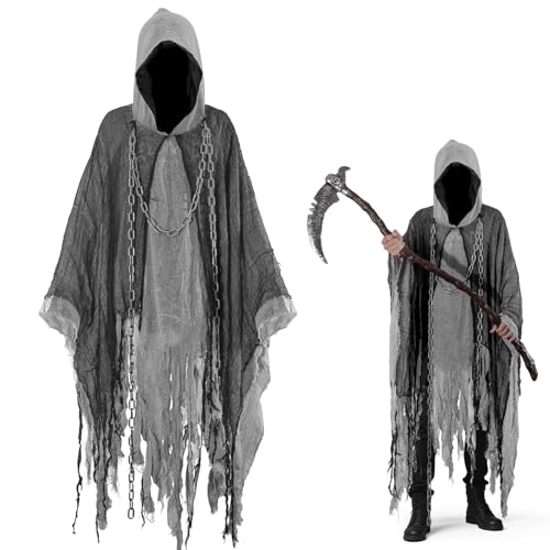Costume de fantôme pour adulte, cape effrayante avec chaîne à la taille représentant la Faucheuse, costume d'Halloween fantôme pour homme et femme, cape à capuche , tenue fantomatique pour adulte Costume de fantôme pour adulte, cape effrayante avec chaîne à la taille représentant la Faucheuse, costume d'Halloween fantôme pour homme et femme, cape à capuche , tenue fantomatique pour adulte