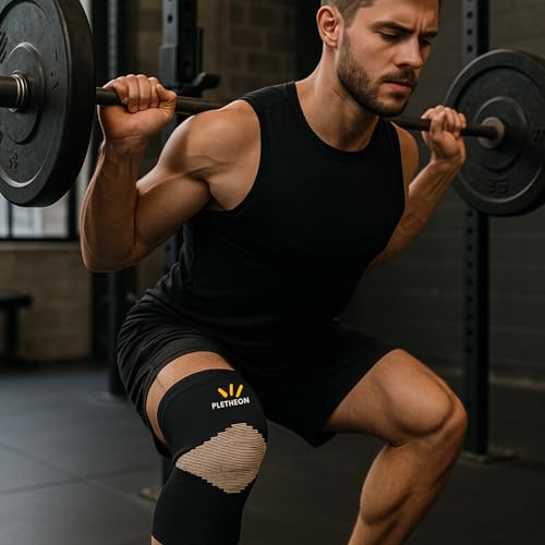 Image of PLETHEON Knee Cap for Pain Relief Men & Women | Compression Knee Support for Gym, Sports & Running | Anti-Slip, Breathable & Sweat-Free Knee Brace for Joint Pain & Injury Recovery (BEIGE-BLACK, MEDIUM)