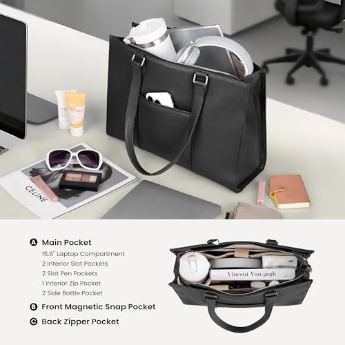Image of befen Black Genuine Leather Tote Bag for Women Work, Womens Totes Purse Shoulder Bags with 15.6 inch Padded Compartment Handbags