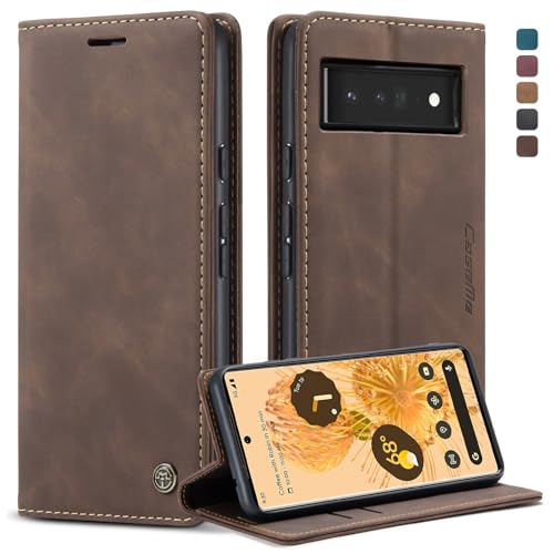 owlhold Handyhülle für Google Pixel 6 Pro klapphülle Premium Lederhülle Weiches Vintage-Nubukleder Faltbare Handytasche Ständer Schutzhülle Kartenfach Standfunktion hülle Google Pixel 6 Pro - Kaffee