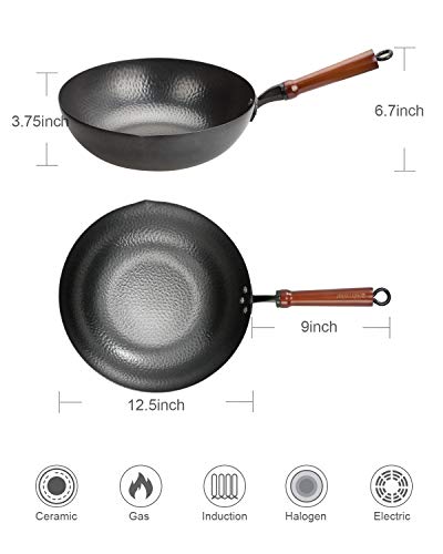 BIELMEIER-Wok-Pan-125-Woks-and-Stir-Fry-Pans-with-lid-Carbon-Steel-Wok-with-Cookware-Accessories-Wok-with-Lid-Suits-for-all-StovesFlat-Bottom-Wok