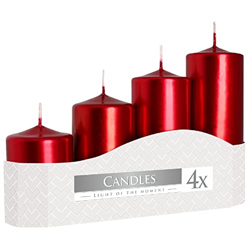 Stumpenkerzen 4er Set | Blockkerzen Rot Metallic | unparfümiert | Weihnachtskerzen Altarkerzen | 1 Box