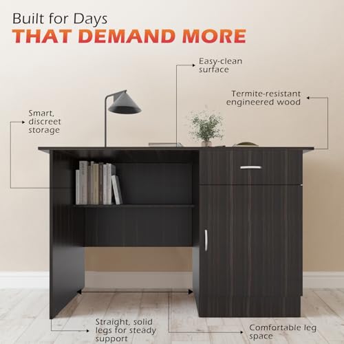 Image of 120x60x75cm Engineered Wood Study & Office Table with 1 Drawer & Cabinet | Termite & Scratch Resistant, Ample Leg Space, Sturdy Desk for Students | 1 Year Warranty- Teak Walnut