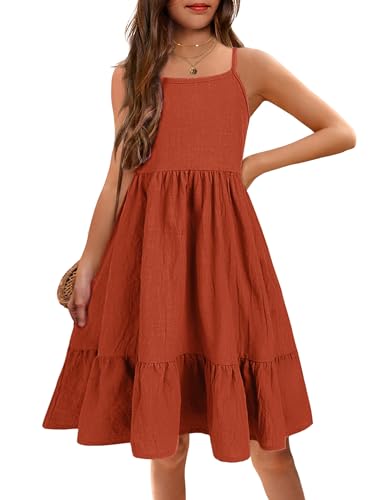 Arshiner Girls Summer Dresses Kids Sleeveless Beach Linen Swing Sundress Casual Midi Dress Dirty Orange 8-9 Years