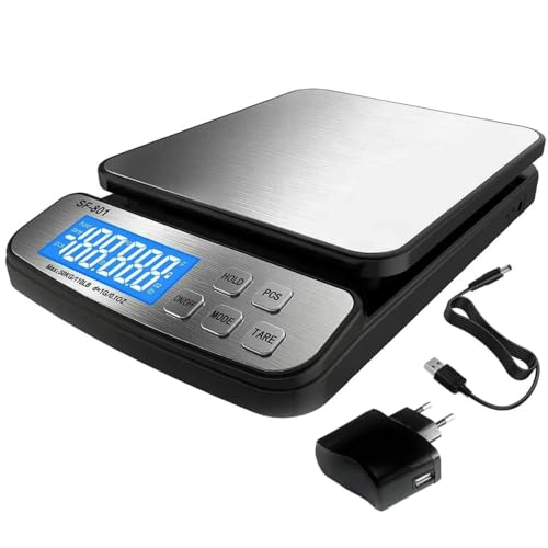 Eosphorus Báscula Digital para Paquetes hasta 50kg, Balanza de Envío Profesional con Plataforma de Acero Inoxidable, Función Tara, Hold y Conteo, Doble Alimentación USB y Adaptador AC