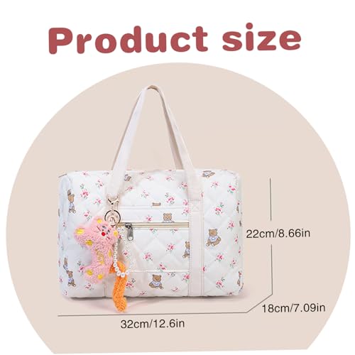 Puffer Duffle Bag for Women, Large Capacity Quilted Duffle Bag with Cute Charm, Cute Floral Coquette with Zipper Carry on for Girls Travel Puffer for Women4