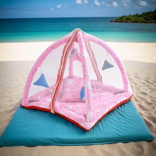 Image of Baby Bedding Set Glace Cotton Fabric || Playmat New Born Baby Kids Bed with Mosquito net and a Pillow || Color - Pink|| 1 piece||Gift Set, Single Size