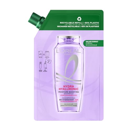 L’Oréal Paris Elvive Hydra Hyaluronic Moisture Boosting Shampoo Refill Pouch, with Hyaluronic Acid, for Dry & Dehydrated Hair, Suitable for all hair textures, -60% plastic, Value format, 500ml