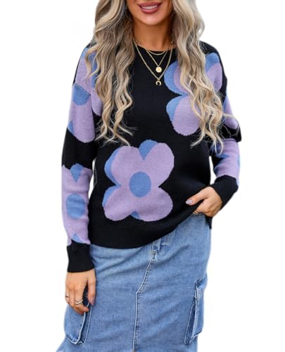 Image of Sumleno Womens Cute Color Block Flower Pattern Sweaters Crewneck Pullover Tops Kawaii Aesthetic Fall Winter Knitwear