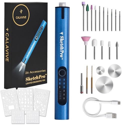 SketchPro Cordless Engraving Pen with LED Light – 3-Speed Precision Etching Tool for Wood, Metal, Glass & Plastic – USB-C Rechargeable, 26 Accessories – Ideal for DIY, Jewelry & Craft Projects