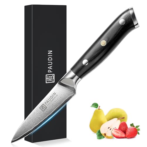 PAUDIN Damastmesser 9 cm – Gemüsemesser Schälmesser Obstmesser – VG10 Profi-Küchenmesser mit schwarzem ergonomischem G10-Griff