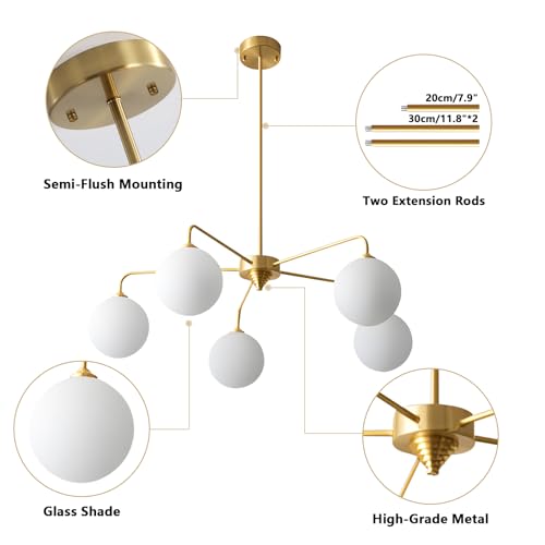 Image of 5 Light Modern Brass Chandelier Mid Century Gold Ceiling Light Fixture White Glass Globe Sputnik Chandelier for Dining Room Bedroom Kitchen