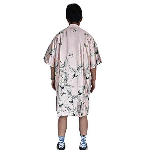 HAORUN Men Japanese Kimono Coat Loose Yukata Outwear Long Bathrobe Tops Vintage (Pink-Satin, X-Large, x_l)3