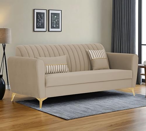 Adorn India Premium Luster 3 Seater | Velvet Suede Fabric | 3-Year Warranty | Color Beige with Golden Legs & Striped Pattern Cushion