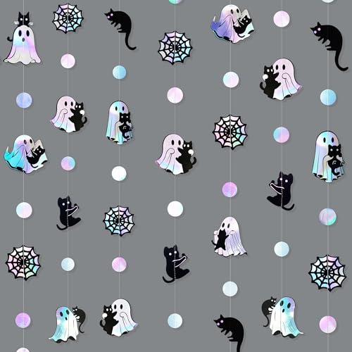 Image of Iridescent Black Halloween Decorations Holographic Ghost Black Cat Spider Web Polka Dot Paper Hanging Garland Streamer Banner for Halloween Birthday Bachelorette Wedding Shower Party Supplies