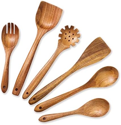 TMD Wooden Spoons for Cooking, Non Scratch Kitchen Utensils Set with Long Wooden Spoon and Spatula (6 pcs) Everyday Essential Sturdy Cooking Utensils Set
