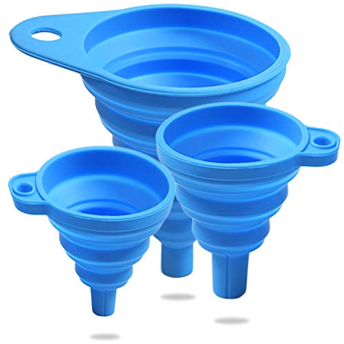 3 Size Kitchen Funnel Set – Silicone Collapsible Funnel Set With Large Medium and Small Mouths Smooth Surface Design Canning Funnel for Liquid Granule and Dry Powder Blue