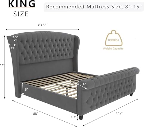 Image of AMERLIFE King Size Platform Bed Frame, Velvet Upholstered Sleigh Bed with Scroll Wingback Headboard & Footboard /Button Tufted /No Box Spring Required /Grey