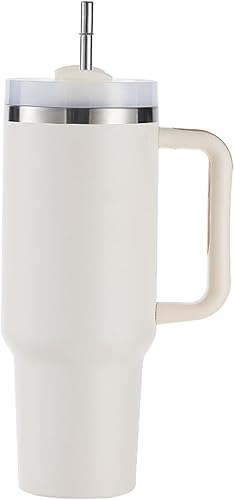 Fun-worx Vaso de 40oz con tapa y popote, botella aislada al vacío, taza de acero inoxidable con asa para agua, té helado o café, batido y más, color