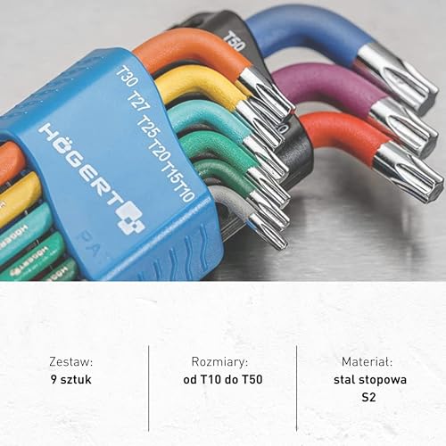 Högert Technik - Torx zestaw kluczy I wkrętaki Torx zestaw 9 sztuk I rozmiary od T10 do T50 I ze stali stopowej S2 I odporne na odkształcenia i ścieranie I HT1W817 - wielokolorowy