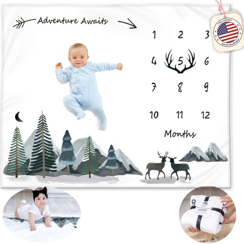 Image of KEMINA BLANKETS Milestone Blanket for Baby Boy – Monthly Baby Blanket, Growth Tracker for Newborn, Woodland Nursery Decor, Mountain Adventure Theme, Includes Felt Frame, 50x40 Inches