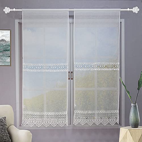 FYJS Par de Cortinas para Ventana con Encaje Bordado de Flores, Cortina de Cocina Moderna, Lino-poliéster, Shabby Chic de Color Liso, 2 Unidades, Color Blanco (Amor Blanco, 60 x 240 cm) Cover