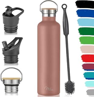 Milu Stainless Steel Drinking Bottle 500ml, 750ml, 1l (+3 Lids) - Thermo Bottle with Straw, Water Bottle, for Hot, Cold & Carbonated Drinks (Black, 500ml)