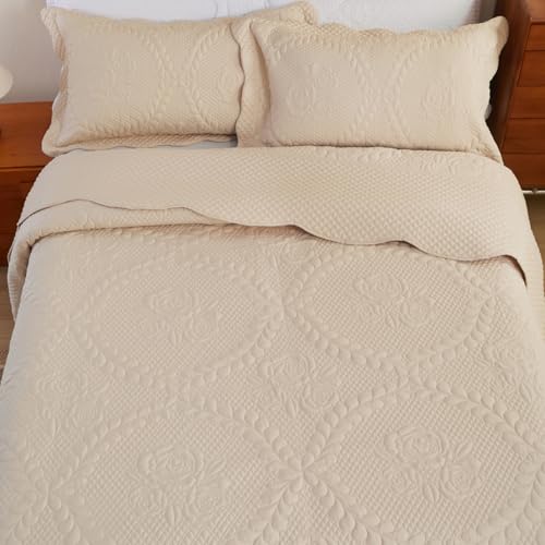Image of EVENHUG Oversized King Bedspreads California King Quilt Set with Pillow Shams Extra Wide Large King Size Quilts Lightweight Coverlet Bedding Sets Beige 120 inchx128 inch