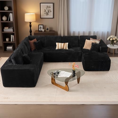 Image of HOOOWOOO Cloud Sectional Couches for Living Room,Modular Sectional Sofa No Assembly,133X108 Inch Plush Corduroy Large U Shaped Floor Couch Set with Deep Seat Right Chaise(Black)