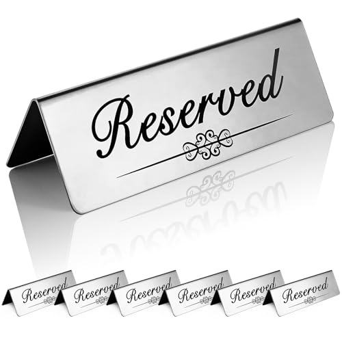 6pcs Reserved Signs, 6×4 Inches Metal Stainless Steel Table Tent Cards for Weddings Receptions,Parties,Restaurants,Events-Double Sided Reserved Table Place Signs (Silver)