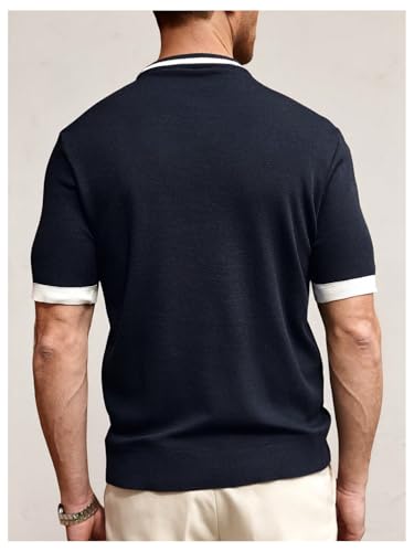 Men's Short Sleeve Summer Knit Tops Contrast Binding Crew Neck Casual Sweater3