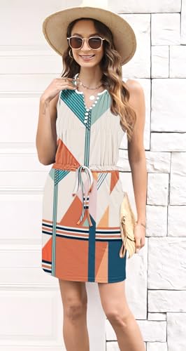 Image of Womens Summer Casual Dresses Drawstring Waist Short Dress with Pockets | Sleeveless Casual Dress,ETCYY Vacation Beach Dress,Striped Sundress,Boho Floral,Mini Dresses,Sexy Sundress,Resort Wear
