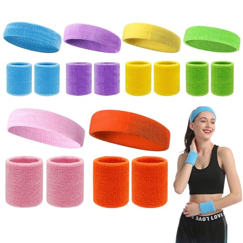 Sports Headband Wristbands, 18PCS Sweatbands Set, 80s Headband and Wrist Sweatbands, Sweat Bands Absorbent for Running Exercise Gym Sports Tennis Basketball(6 Colours）