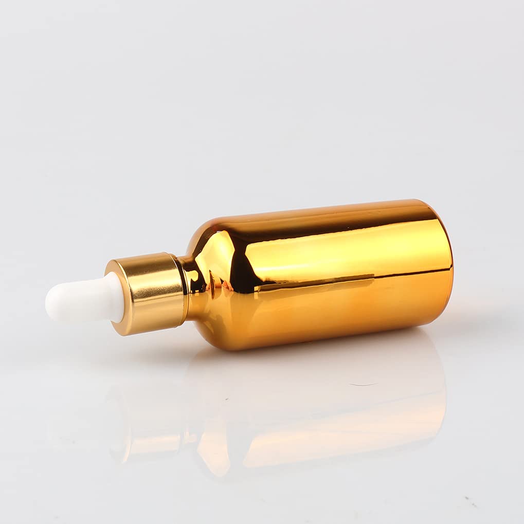 24 Stück 50ml Chrom Gold Pipettenflasche mit Gold Pipettenring,Glasflasche Tropfpipetten für Aromatherapie ätherische Öle Dosierung und Lagerung + 4x Trichter