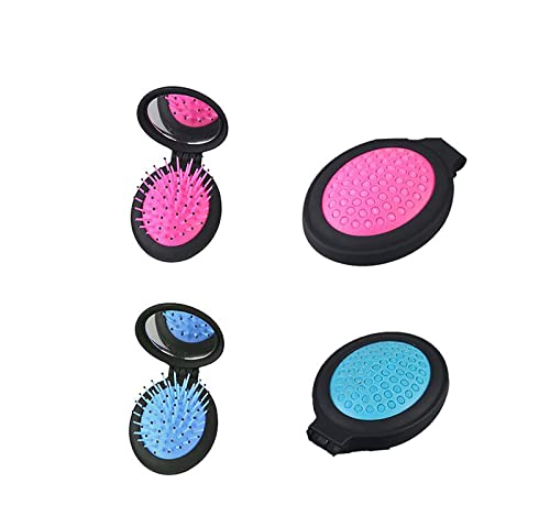 Brussels08 - Mini spazzola pieghevole portatile per capelli con specchio, specchio compatto da viaggio rotondo pieghevole con tasca