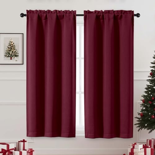 Image of Christmas Burgundy Blackout Curtains for Bedroom 63 Inch Length 2 Panels Set, Nursery Thermal Insulated Energy Saving Rod Pocket Window Treatment Curtains Blackout Drapes, 2x40Wx45L Inches