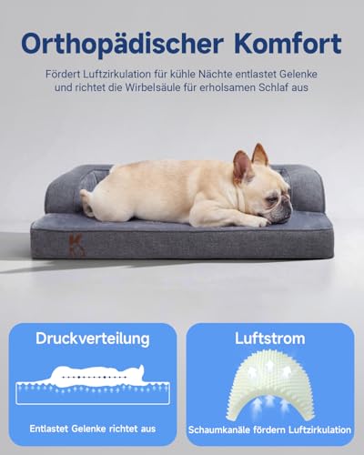 KSIIA Orthopädisches Hundebett Grosse Hunde, Hundekorb Bezug abnehmbar waschbar, Hundesofa Wasserdicht mit Rand, rutschfeste Unterseite, Dunkelgrau, 88x55x15cm
